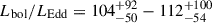 Mathematical equation: $ L_{\mathrm{bol}}/L_{\mathrm{Edd}} = 104^{+92}_{-50}-112^{+100}_{-54} $