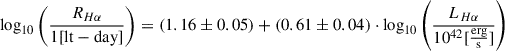 Mathematical equation: $$ \begin{aligned} \log _{10}\left(\frac{R_{H\alpha }}{1[\mathrm{lt-day} ]}\right) = \left(1.16\pm 0.05\right)+(0.61\pm 0.04)\cdot \log _{10}\left(\frac{L_{H\alpha }}{10^{42}[\frac{\mathrm{erg} }{\mathrm{s} }]}\right) \end{aligned} $$