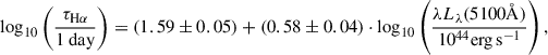 Mathematical equation: $$ \begin{aligned} \log _{10} \left( \frac{\tau _{\mathrm{H} \alpha }}{1~\mathrm{day} } \right) = (1.59 \pm 0.05) + (0.58 \pm 0.04)\cdot \log _{10} \left( \frac{\lambda L_{\lambda }(5100 \AA )}{10^{44}\mathrm {erg\,s}^{-1}} \right), \end{aligned} $$