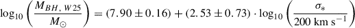 Mathematical equation: $$ \begin{aligned} \log _{10}\left(\frac{M_{BH,~W25}}{M_{\odot }}\right) = (7.90\pm 0.16) + (2.53\pm 0.73)\cdot \log _{10}\left(\frac{\sigma _{*}}{200~\mathrm{km~s} ^{-1}}\right) \end{aligned} $$