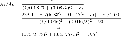 Mathematical equation: $$ \begin{aligned} \begin{split} A_{\lambda }/A_V&= \frac{c_1}{(\lambda /0.08)^{c_2}+(0.08/\lambda )^{c_2} +c_3} \\&+ \frac{233[1-c1/(6.88^{c_2}+0.145^{c_2}+c_3)-c_4/4.60]}{(\lambda /0.046)^2+(0.046/\lambda )^2+90} \\&+ \frac{c_4}{(\lambda /0.2175)^2+(0.2175/\lambda )^2-1.95}, \end{split} \end{aligned} $$