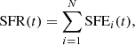 Mathematical equation: $$ \begin{aligned} \mathrm{SFR}(t) = \sum ^{N}_{i = 1} \mathrm{SFE}_{i}(t) ,\end{aligned} $$