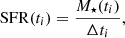 Mathematical equation: $$ \begin{aligned} \mathrm {SFR}(t_{i}) = \frac{M_{\star }(t_{i})}{\Delta t_{i}} ,\end{aligned} $$