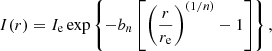 Mathematical equation: $$ \begin{aligned} I(r) = I_\text{e} \exp \left\{ -b_n \left[ \left( \frac{r}{r_\text{e}} \right)^{(1/n)} - 1 \right] \right\} , \end{aligned} $$