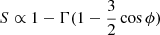 Mathematical equation: $ S \propto 1 - \Gamma(1 - \frac{3}{2} \cos \phi) $