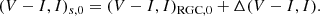 Mathematical equation: $$ \begin{aligned} (V-I, I)_{s,0} = (V-I, I)_{\mathrm{RGC},0} + \Delta (V-I, I). \end{aligned} $$