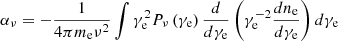 Mathematical equation: $$ \begin{aligned} \alpha _\nu = - \frac{1}{{4\pi {m_{\mathrm{e}}}{\nu ^2}}}\int {\gamma _{\mathrm{e}}^2} P_\nu \left( {{\gamma _{\mathrm{e}}}} \right)\frac{d}{{d{\gamma _{\mathrm{e}}}}}\left( {\gamma _{\mathrm{e}}^{ - 2}\frac{{d{n_{\mathrm{e}}}}}{{d{\gamma _{\mathrm{e}}}}}} \right)d{\gamma _{\mathrm{e}}} \end{aligned} $$