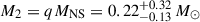 Mathematical equation: $ M_2 = qM_{\mathrm{NS}} = 0.22^{+0.32}_{-0.13}\,M_{\odot} $
