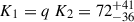 Mathematical equation: $ K_1 = q\,K_2 = 72^{+41}_{-36} $