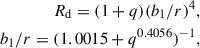 Mathematical equation: $$ \begin{aligned} R_{\rm d} = (1 + q)(b_1/r)^4, \\ b_{1}/r = (1.0015 + q^{0.4056})^{-1}, \end{aligned} $$
