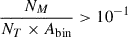 Mathematical equation: $ \frac{N_M}{N_T \times A_{\mathrm{bin}}} > 10^{-1} $