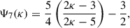 Mathematical equation: $$ \begin{aligned} \Psi _7 (\kappa ) = \frac{5}{4} \left( \frac{2\kappa - 3}{2\kappa - 5} \right) - \frac{3}{2} , \end{aligned} $$
