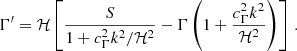 Mathematical equation: $$ \begin{aligned} {\Gamma }^\prime = \mathcal{H} \left[ \frac{S}{1 + c_\Gamma ^2 k^2 / \mathcal{H} ^2} - \Gamma \left( 1 + \frac{c_\Gamma ^2 k^2}{\mathcal{H} ^2} \right) \right] \,. \end{aligned} $$