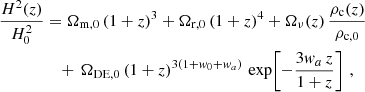 Mathematical equation: $$ \begin{aligned} \frac{H^2(z)}{H_0^2}&= \Omega _{\rm m,0}\,(1+z)^3 + \Omega _{\rm r,0}\,(1+z)^4 + \Omega _\nu (z)\,\frac{\rho _{\rm c}(z)}{\rho _{\rm c,0}} \nonumber \\&\quad +\, \Omega _{\rm DE,0}\,(1+z)^{3(1+{ w}_0+{ w}_a)}\,\exp \!\left[-\frac{3{ w}_a\,z}{1+z}\right]\,, \end{aligned} $$