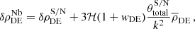 Mathematical equation: $$ \begin{aligned} \delta \rho _{\rm DE}^{\mathrm{Nb} } = \delta \rho _{\rm DE}^{\mathrm{S/N} } + 3 \mathcal{H} (1 + { w}_{\rm DE}) \frac{\theta _{\mathrm{total} }^{\mathrm{S/N} }}{k^2} \overline{\rho }_{\rm DE}\,, \end{aligned} $$