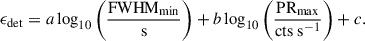 Mathematical equation: $$ \begin{aligned} \epsilon _{\rm {det}} = a \log _{\rm {10}}\Bigg ( \frac{\mathrm{{FWHM}}_{\rm {min}}}{\mathrm{s}} \Bigg )+b\log _{10}\Bigg (\frac{\mathrm{{PR_{\rm {max}}}}}{\mathrm{{cts\ s^{-1}}}}\Bigg )+c. \end{aligned} $$
