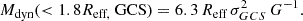 Mathematical equation: $$ \begin{aligned} M_\text{dyn} (< 1.8 R_\text{eff,} \text{ GCS}) = 6.3\, R_\text{eff} \,\sigma _{GCS}^{2} \,G^{-1}. \end{aligned} $$