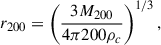 Mathematical equation: $$ \begin{aligned} r_{200} = \left(\frac{3M_{200}}{4\pi 200\rho _c}\right)^{1/3}, \end{aligned} $$