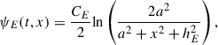 Mathematical equation: $$ \begin{aligned}&\psi _E(t,x)=\frac{C_E}{2}\mathrm{ln} \left(\frac{2a^2}{a^2+x^2+h_E^2}\right),\end{aligned} $$