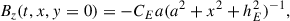 Mathematical equation: $$ \begin{aligned}&B_z(t,x,{ y}=0)=-C_Ea(a^2+x^2+h_E^2)^{-1},\end{aligned} $$