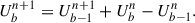 Mathematical equation: $$ \begin{aligned} U^{n+1}_{b}=U^{n+1}_{b-1}+U^{n}_{b}-U^{n}_{b-1}. \end{aligned} $$