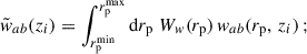 Mathematical equation: $$ \begin{aligned} \tilde{w}_{ab}(z_i) = \int _{{r_{\rm p}^\mathrm{min}}}^{{r_{\rm p}^\mathrm{max}}}{\mathrm{d}r_{\rm p}}\; W_{ w} ({r_{\rm p}}) \,{ w}_{ab}({r_{\rm p}},\,z_i)\,; \end{aligned} $$
