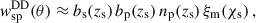 Mathematical equation: $$ \begin{aligned}&{ w}_{\rm sp}^{\mathrm{D}\mathrm{D}}(\theta ) \approx b_{\rm s}(z_{\rm s})\,b_{\rm p}(z_{\rm s})\, n_{\rm p}(z_{\rm s})\,\xi _{\rm m}(\chi _{\rm s})\,,\end{aligned} $$