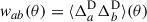 Mathematical equation: $$ \begin{aligned} { w}_{ab}(\theta )&=\langle \Delta ^\mathrm{D}_a\Delta ^\mathrm{D}_b \rangle (\theta )\end{aligned} $$