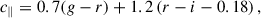 Mathematical equation: $$ \begin{aligned}&c_\parallel = 0.7(g-r)+1.2\,(r-i-0.18)\,,\end{aligned} $$