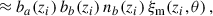 Mathematical equation: $$ \begin{aligned}&\approx b_a(z_i)\,b_b(z_i)\, n_b(z_i)\, \xi _{\rm m}(z_i,\theta )\,, \end{aligned} $$