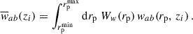 Mathematical equation: $$ \begin{aligned} \overline{w}_{ab}(z_i) = \int _{{r_{\rm p}^\mathrm{min}}}^{{r_{\rm p}^\mathrm{max}}} \mathrm{d} {r_{\rm p}} \;W_{ w}(r_{\rm p})\,{ w}_{ab}(r_{\rm p},\,z_i)\,. \end{aligned} $$