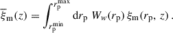 Mathematical equation: $$ \begin{aligned} \overline{\xi }_{\rm m}(z) = \int _{{r_{\rm p}^\mathrm{min}}}^{{r_{\rm p}^\mathrm{max}}} \mathrm{d} {r_{\rm p}} \;W_{ w}(r_{\rm p})\,\xi _{\rm m}(r_{\rm p},\,z)\,. \end{aligned} $$