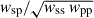 Mathematical equation: $ \mathit{w}_{\mathrm{sp}}/\sqrt{\mathit{w}_{\mathrm{ss}}\, \mathit{w}_{\mathrm{pp}}} $
