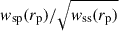 Mathematical equation: $ \mathit{w}_{\mathrm{sp}}({r_{\mathrm{p}}})/\sqrt{\mathit{w}_{\mathrm{ss}}({r_{\mathrm{p}}})} $