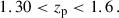 Mathematical equation: $$ \begin{aligned}&1.30<z_{\rm p} < 1.6\,. \end{aligned} $$