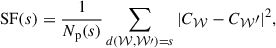 Mathematical equation: $$ \begin{aligned} \mathrm{SF}(s) = \frac{1}{N_{\rm p}(s)} \sum _{d(\mathcal{W} , \mathcal{W} \prime ) = s} |C_\mathcal{W} - C_\mathcal{W} \prime |^2 ,\end{aligned} $$