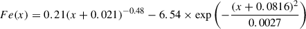 Mathematical equation: $$ \begin{aligned} Fe(x) = 0.21 (x + 0.021)^{-0.48} - 6.54\times \exp \left(- \frac{(x + 0.0816)^2}{0.0027}\right) \end{aligned} $$