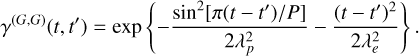 Mathematical equation: $\[\gamma^{(G, G)}\left(t, t^{\prime}\right)=\exp \left\{-\frac{\sin ^2\left[\pi\left(t-t^{\prime}\right) / P\right]}{2 \lambda_p^2}-\frac{\left(t-t^{\prime}\right)^2}{2 \lambda_e^2}\right\}.\]$