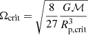 Mathematical equation: $ \Omega_\text{crit}=\sqrt{\frac{8}{27}\frac{G\mathcal{M}}{R^3_\text{p,crit}}} $