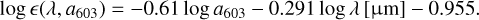 Mathematical equation: $\log \,\left( {\lambda ,\,{a_{603}}} \right) = - 0.61\,\log \,{a_{603}} - 0.291\,\log \,\lambda \left[ {{\rm{\mu m}}} \right] - 0.955.$