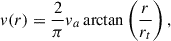 Mathematical equation: $$ \begin{aligned} v(r) = \frac{2}{\pi } v_a \arctan \left(\frac{r}{r_t}\right), \end{aligned} $$