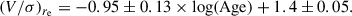 Mathematical equation: $$ \begin{aligned} (V/\sigma )_{r_{\rm e}} = -0.95 \pm 0.13 \times \log (\mathrm{Age}) + 1.4 \pm 0.05. \end{aligned} $$