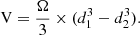 Mathematical equation: $$ \begin{aligned} \mathrm V=\frac{\Omega }{3}\times (d_1^3-d_2^3). \end{aligned} $$