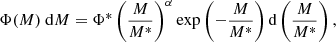 Mathematical equation: $$ \begin{aligned} \Phi (M)\ \mathrm{d}M = \Phi ^*\left(\frac{M}{M^*}\right)^\alpha \exp \left(-\frac{M}{M^*}\right)\mathrm{d}\left(\frac{M}{M^*}\right), \end{aligned} $$
