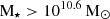 Mathematical equation: $ \mathrm{M}_\star > 10^{10.6}\,\rm M_\odot $