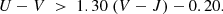 Mathematical equation: $$ \begin{aligned} U-V\ > \ 1.30 \ (V-J) - 0.20. \end{aligned} $$