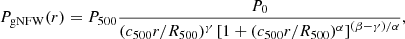 Mathematical equation: $$ \begin{aligned} P_{\mathrm{gNFW} }(r) = P_{500} \frac{P_0 }{(c_{500}r/R_{500})^\gamma \left[ 1 + (c_{500}r/R_{500})^{\alpha }\right]^{(\beta -\gamma )/\alpha } }, \end{aligned} $$