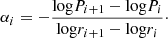 Mathematical equation: $$ \begin{aligned} \alpha _i = - \frac{\mathrm{log} P_{i+1} - \mathrm{log} P_i}{\mathrm{log} r_{i+1} - \mathrm{log} r_i}\cdot \end{aligned} $$