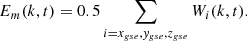 Mathematical equation: $$ \begin{aligned} E_m(k,t) = 0.5\sum _{i=x_{gse},y_{gse},z_{gse}} W_i(k,t). \end{aligned} $$