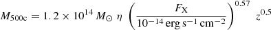 Mathematical equation: $$ \begin{aligned} M_{\rm 500c} = 1.2\times 10^{14}\,M_\odot \; \eta \; \left(\frac{F_{\rm X}}{10^{-14}\,\mathrm{erg\,s^{-1}\,cm^{-2}}}\right)^{0.57}\;z^{0.5} \end{aligned} $$
